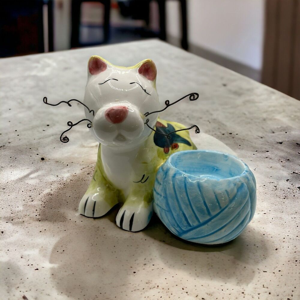 Ceramic Cat Fish Decor Body Wire Wiskers Side Blue Yarn Candle Holder Whimsical